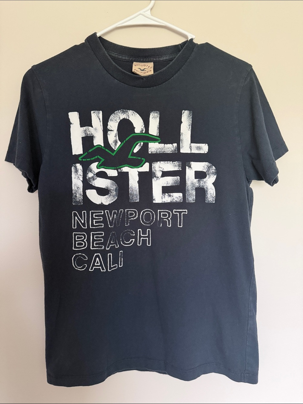 Hollister Navy Tee with White Logo and Green Accent
